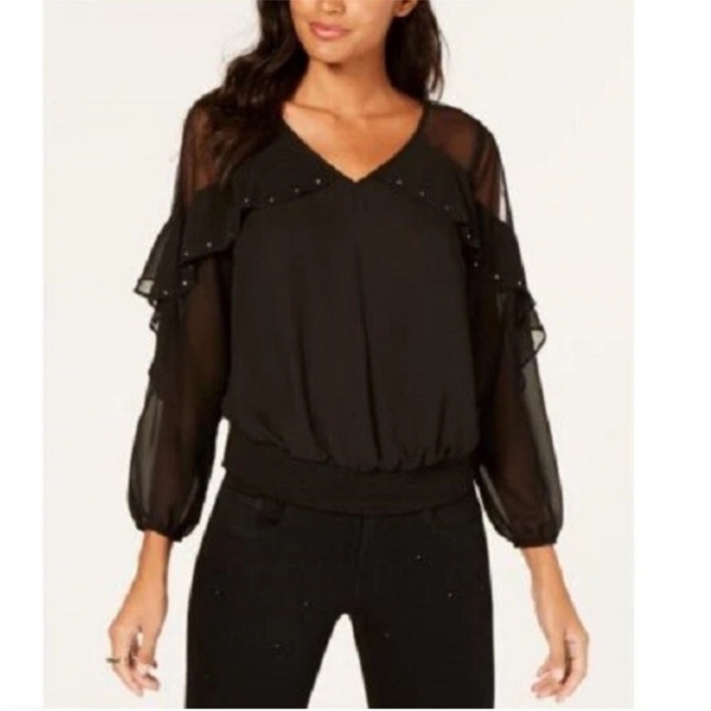 Thalia Sodi Boho Studded Blouse with Sheer Ruffle Sleeves. L. NWT.